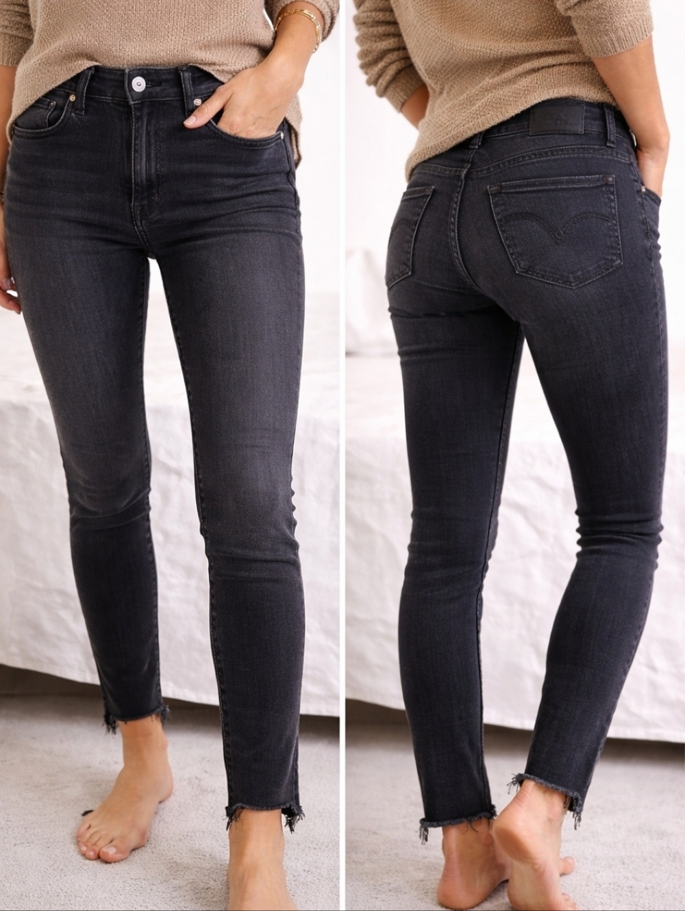 Levi’s 711 Skinny Jeans Black Wash Raw Hem Ankle Denim Size 29